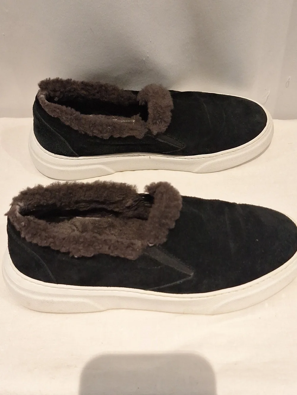 M.  GEMI Women's Black Suede Slip-On Sneakers with Gray Faux Fur Lining